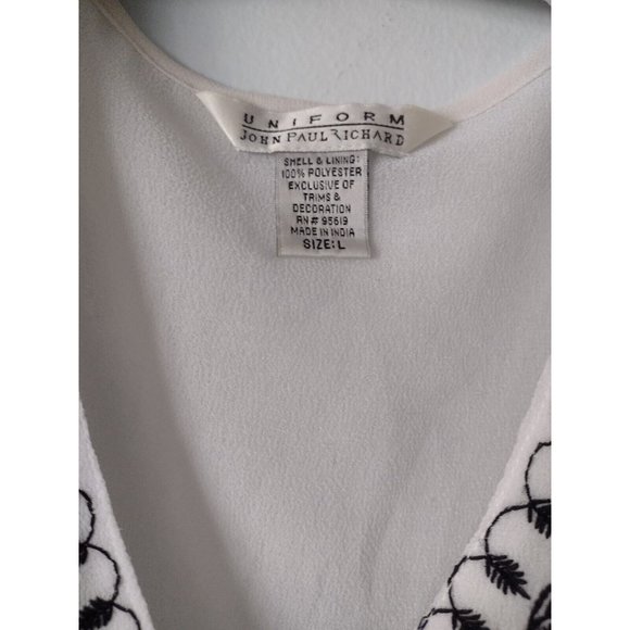 John Paul Richard Uniform Womens White Black Embroidered Top Size L Waist Tie - Picture 5 of 5